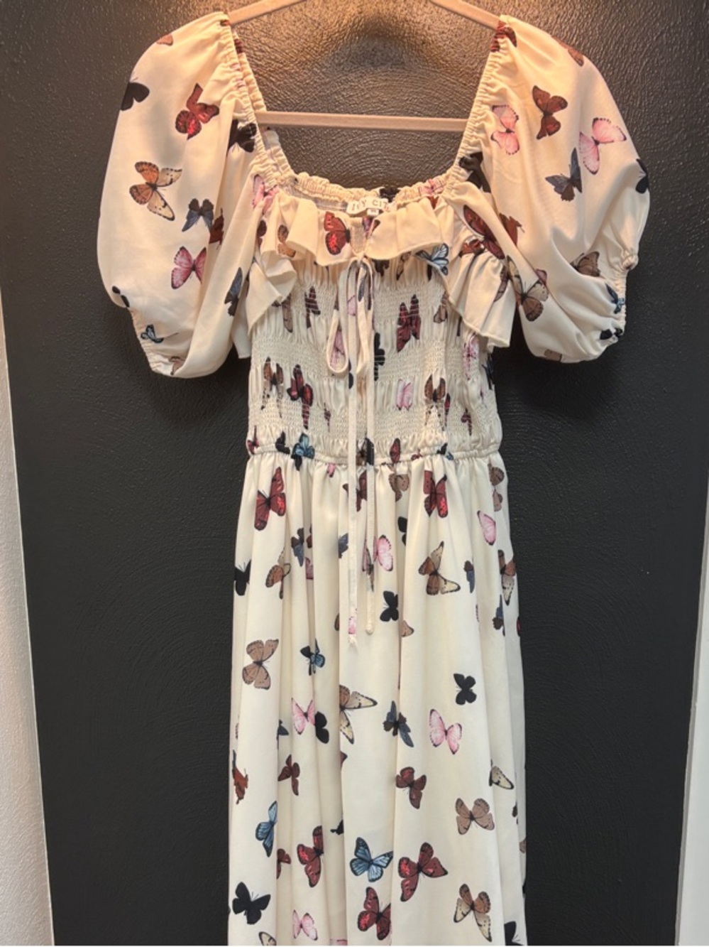 Ivy City Co Cream Butterfly Print Puff Sleeve Dress